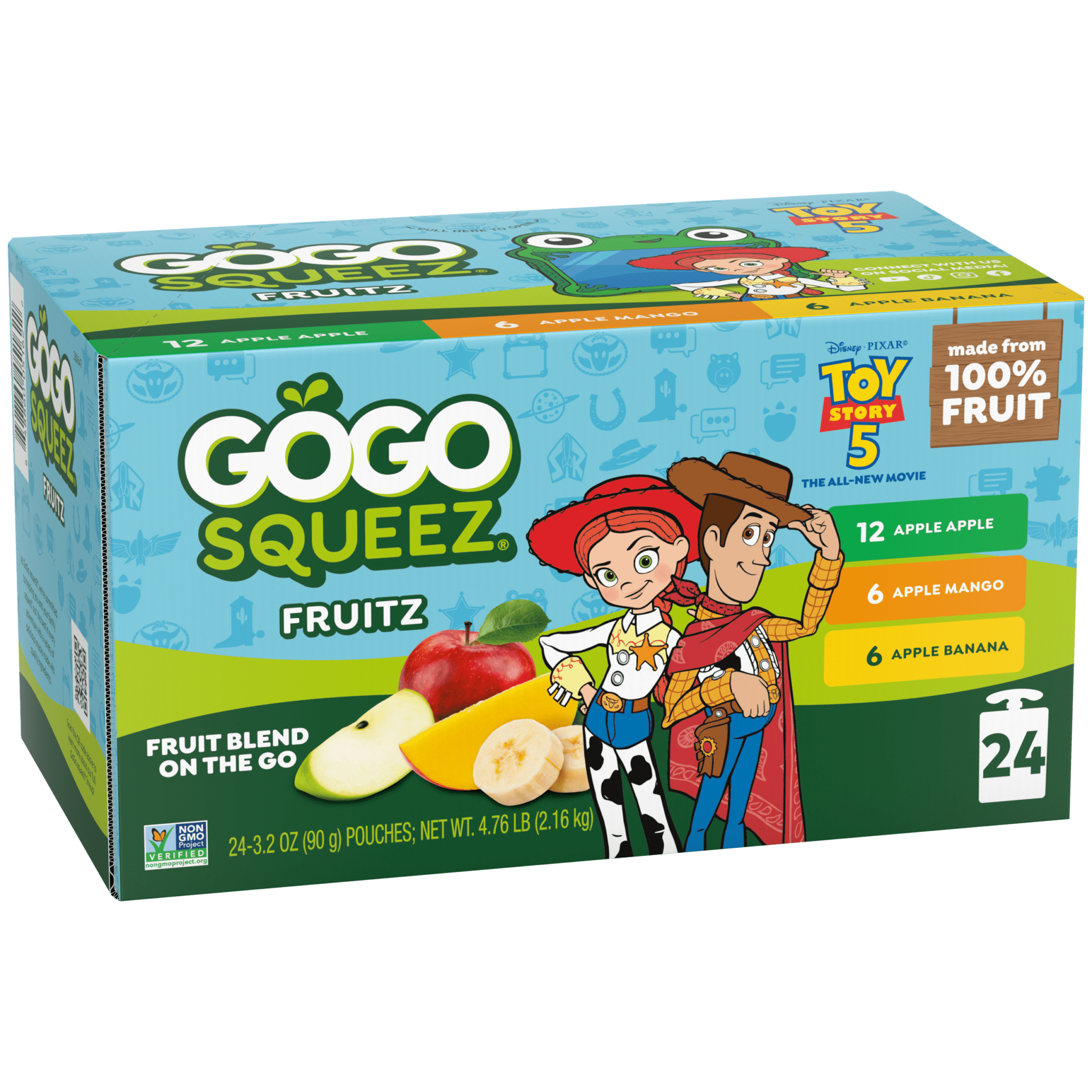 Gogo SqueeZ Toy Story 5 Apple Mango Banana Variety Pack, 24 Pack Box featuring Woody & Jesse