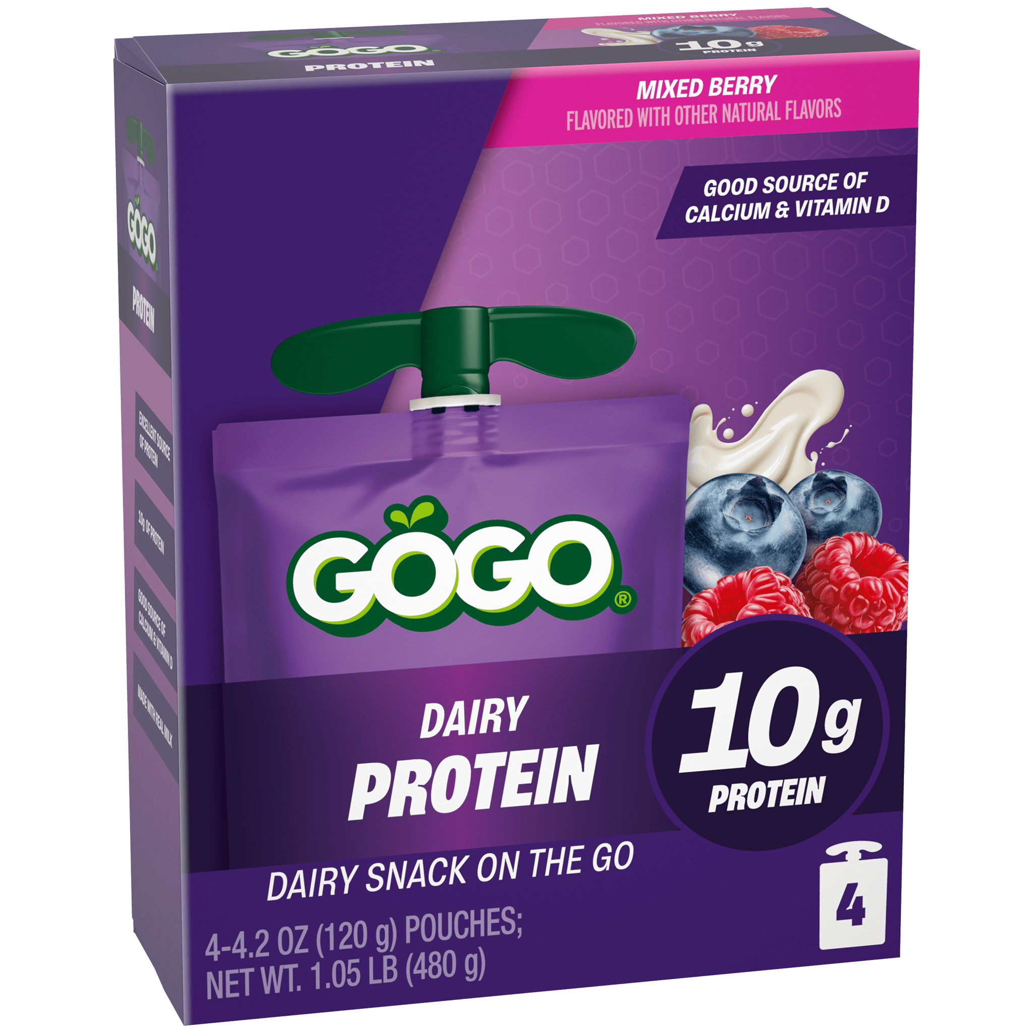 GoGo squeeZ® Dairy Protein Mixed Berry 4 pack Product Box with new logo