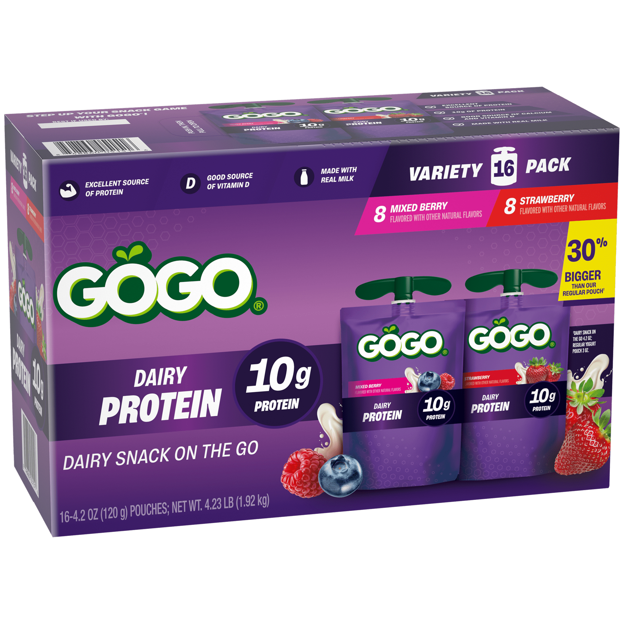 GoGo squeeZ® Dairy Protein Mixed Berry & Strawberry 16 pack Product Box with new logo