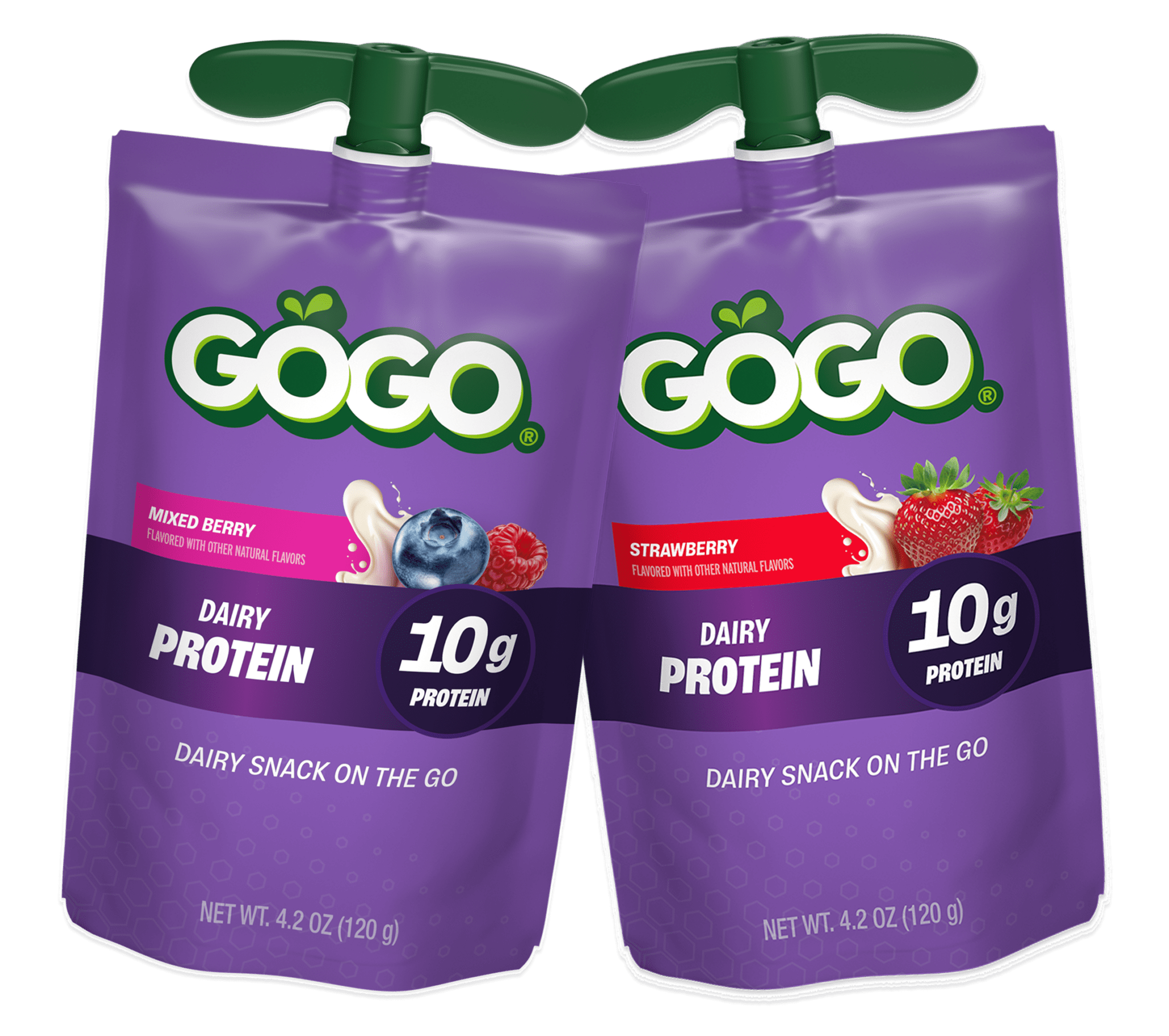 GoGo squeeZ® Pouches Dairy Protein Mixed Berry and Strawberry Flavor with new logo
