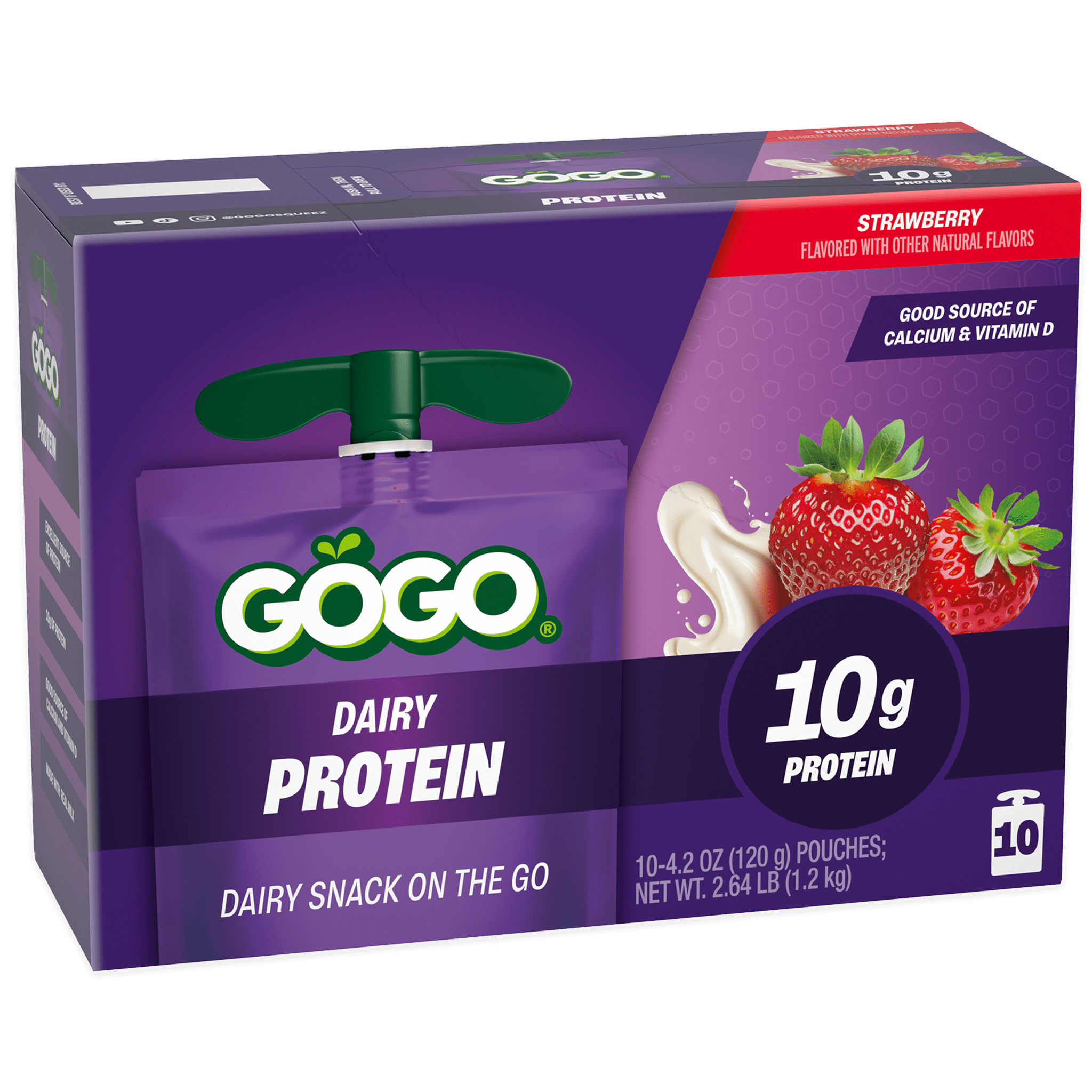 GoGo squeeZ® Dairy Protein Strawberry 10 pack Product Box with new logo