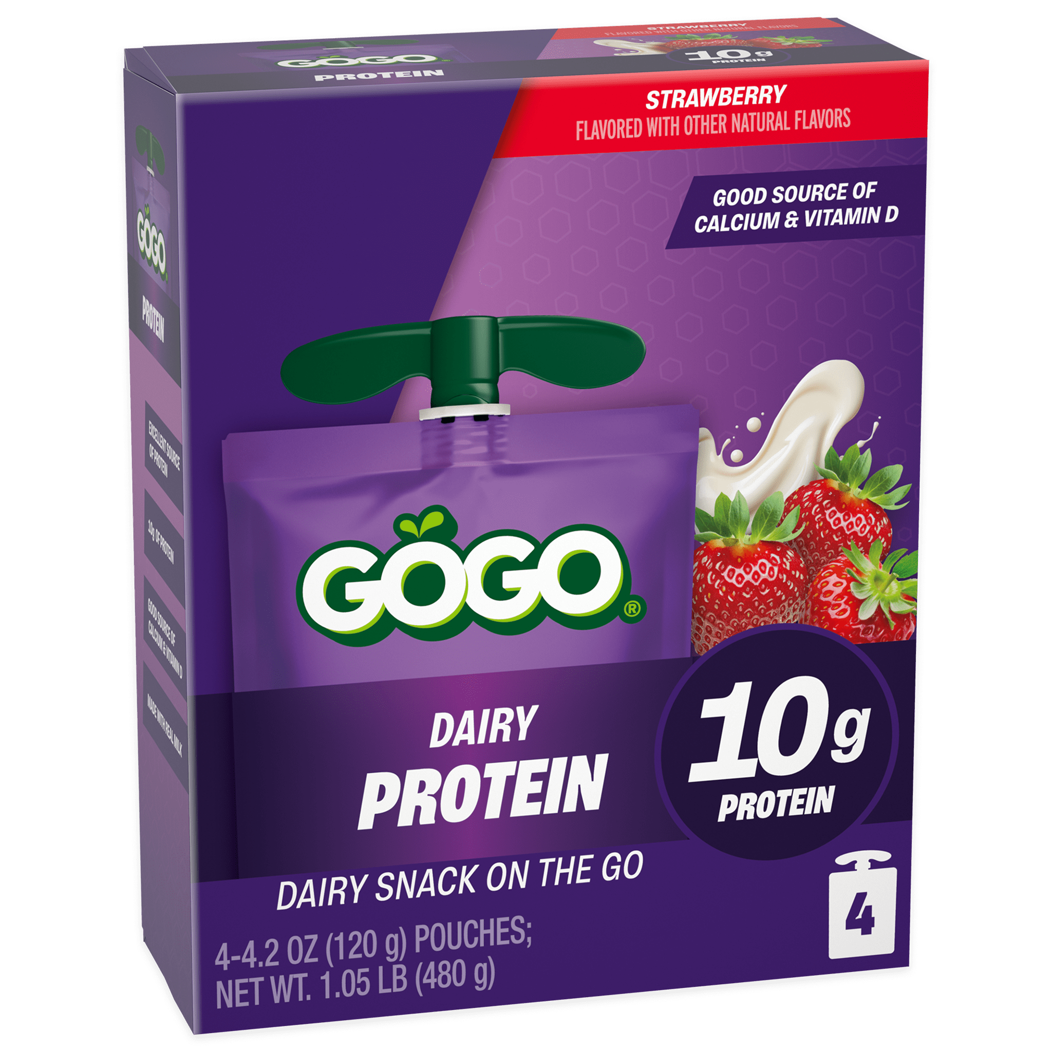 GoGo squeeZ® Dairy Protein Strawberry 4 pack Product Box with new logo