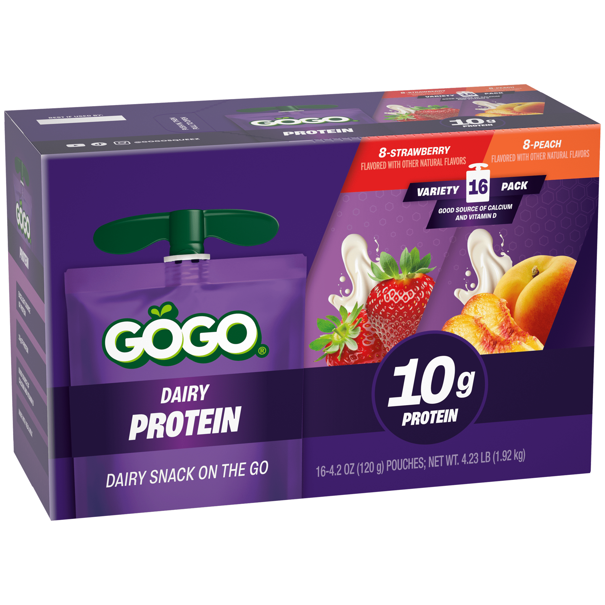 GoGo squeeZ® Dairy Protein Strawberry & Peach 16 pack Product Box with new logo