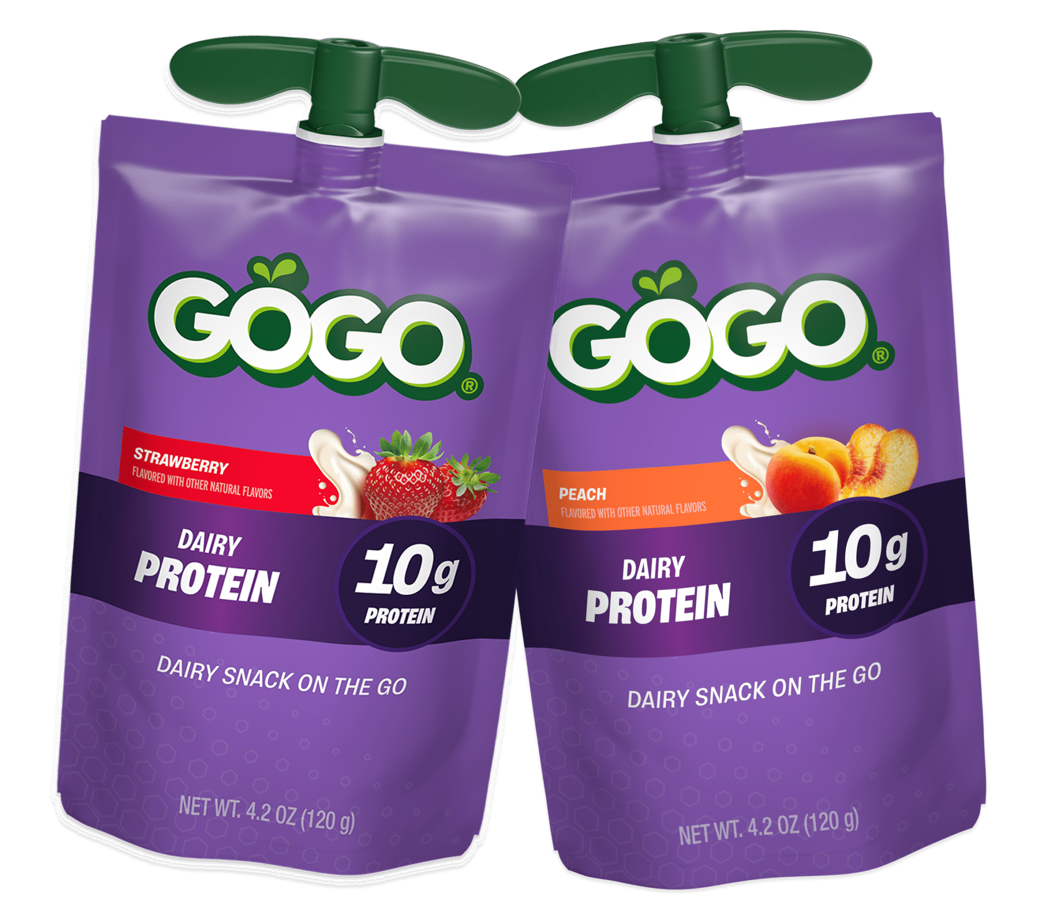 GoGo squeeZ® Pouches Dairy Protein Strawberry and Peach Flavor with new logo