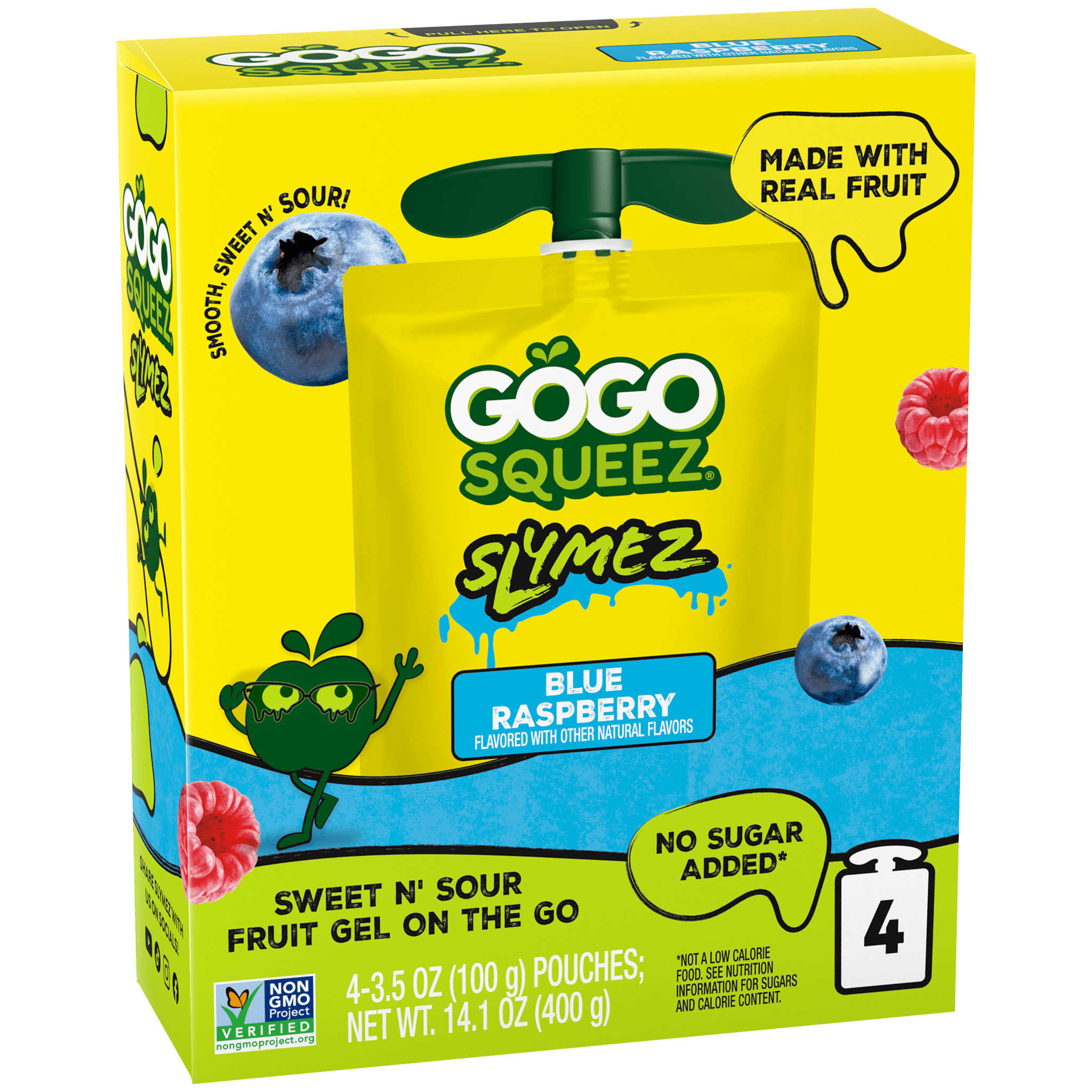 GoGo squeeZ Slymez Blue Raspberry 4 Pack — sweet-and-sour fruit gel pouches on the go
