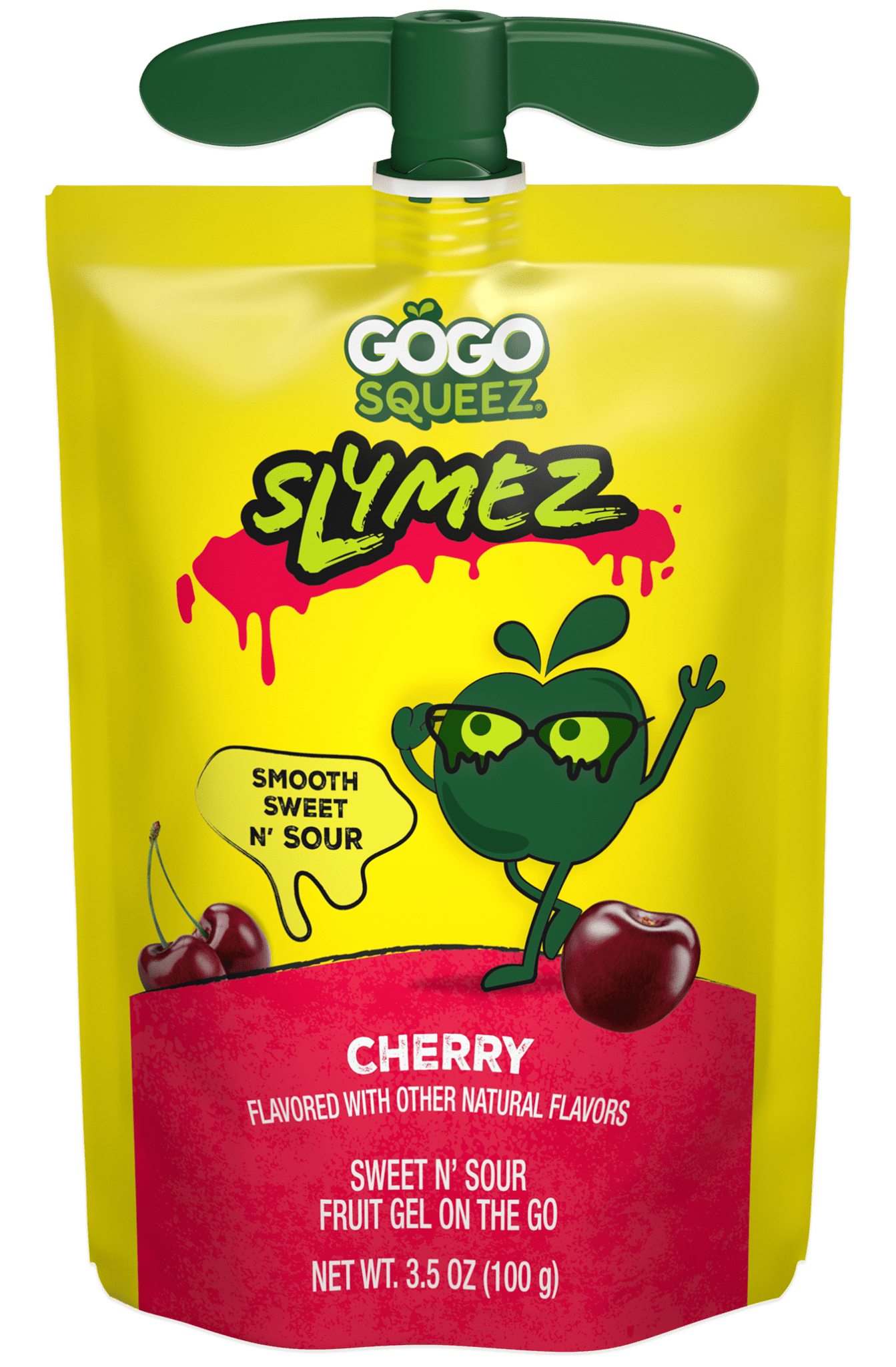A GoGo squeeZ SlymeZ Cherry pouch with the slime character — a sweet-and-sour fruit gel snack on the go