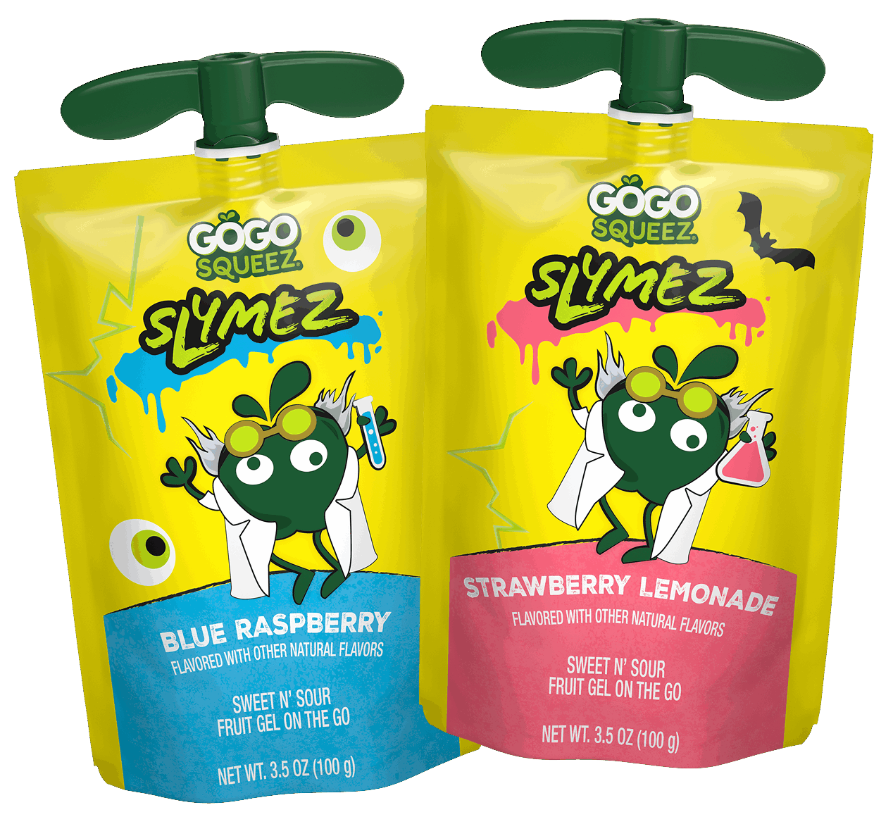 Slymez Halloween Pouches GoGo squeeZ SlymeZ Blue Raspberry and Strawberry Lemonade Halloween pouches side by side