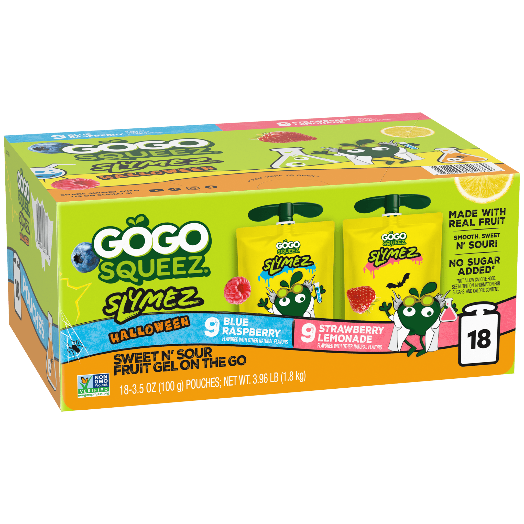 GoGo squeeZ SlymeZ Halloween Variety Pack 18-count box with Blue Raspberry and Strawberry Lemonade pouches
